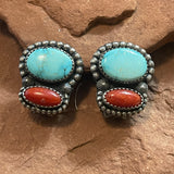 Traditional Navajo Sterling Silver Clip Earrings with Turquoise and Coral  (TD6)