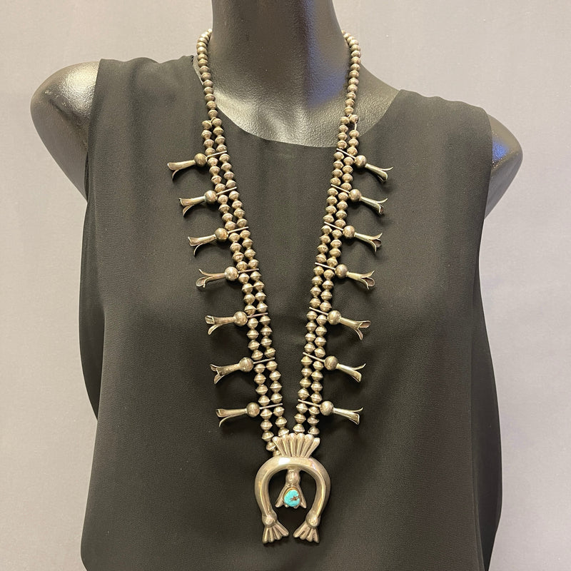 Vintage Silver Navajo Squash Blossom Necklace with Turquoise + handmade beads (5/260)