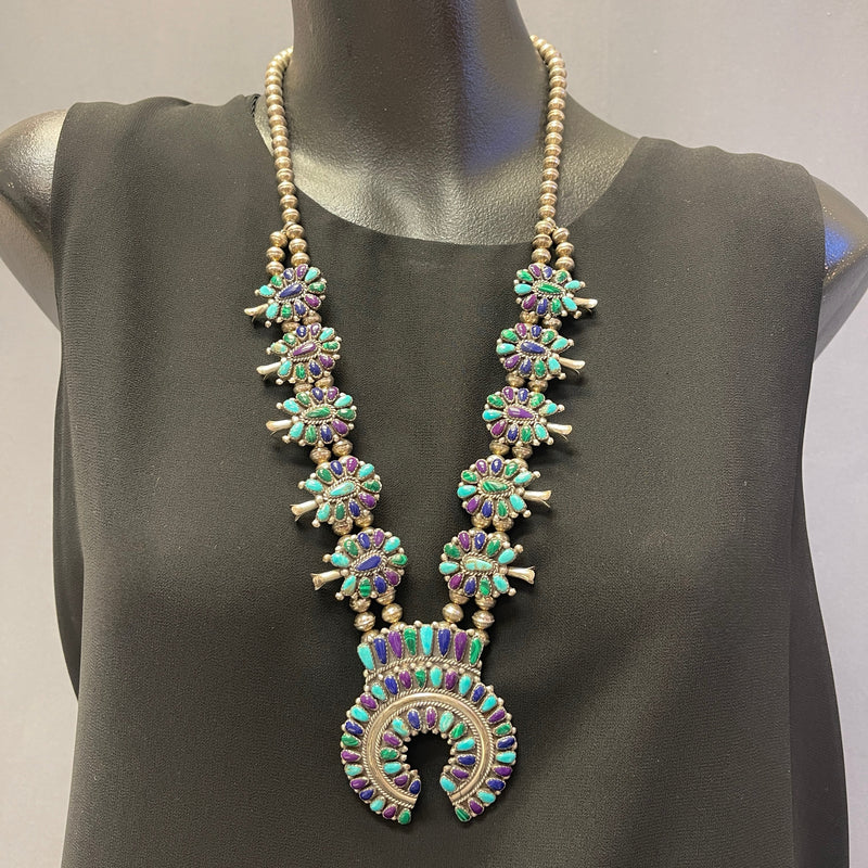Juliana Williams, Navajo - Multi-Stone Squash Blossom Necklace and Earrings SET, vintage  (GSP8)
