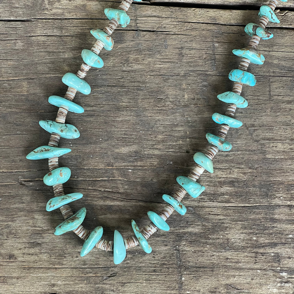 Turquoise Santo Domingo Nugget Vintage Necklace - 1970s single strand turquoise Heishe (AS78)