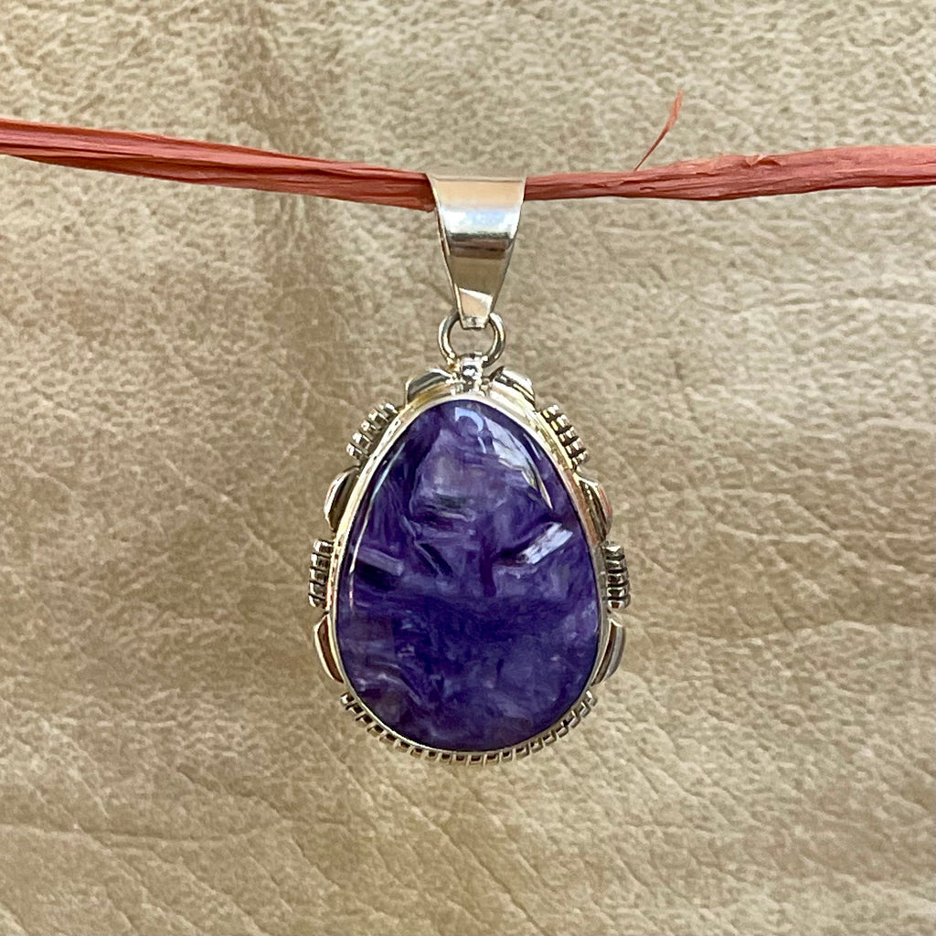 Silver pendant with charoite by L. Yazzie, Navajo, Native American jewelry (3/74)