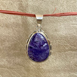Silver pendant with charoite by L. Yazzie, Navajo, Native American jewelry (3/74)
