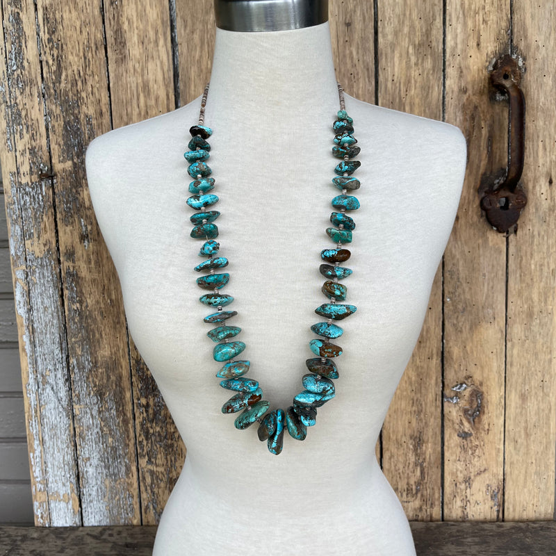 Turquoise Santo Domingo Nugget Vintage Necklace - 1970s single strand turquoise Heishe (AS81)