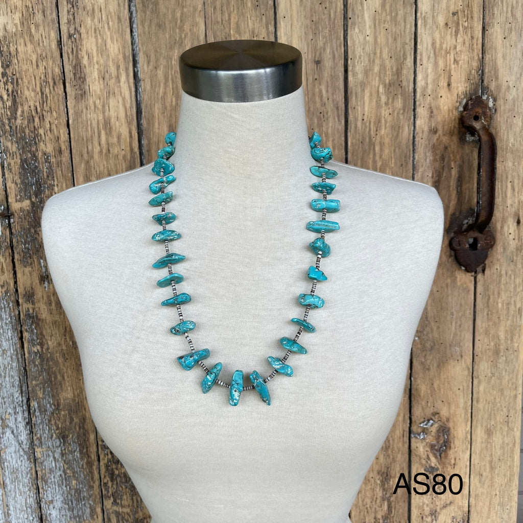Turquoise Santo Domingo Nugget Vintage Necklace - 1970s single strand turquoise Heishe (AS80b)