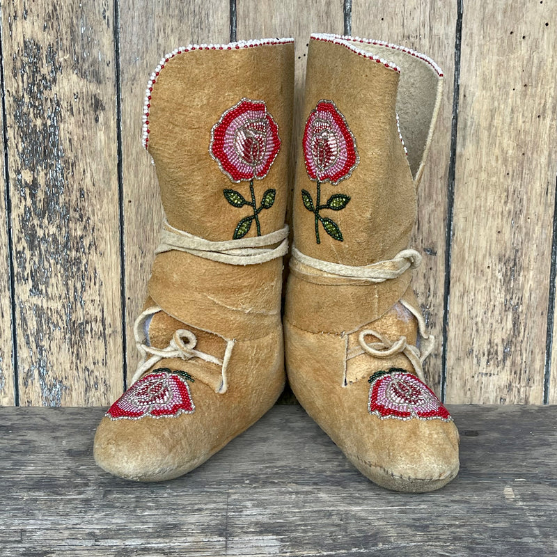 Antique Native American Cree Nation Child's Beaded Moccasins - Brain Tanned Moose- 1920s (GM96)