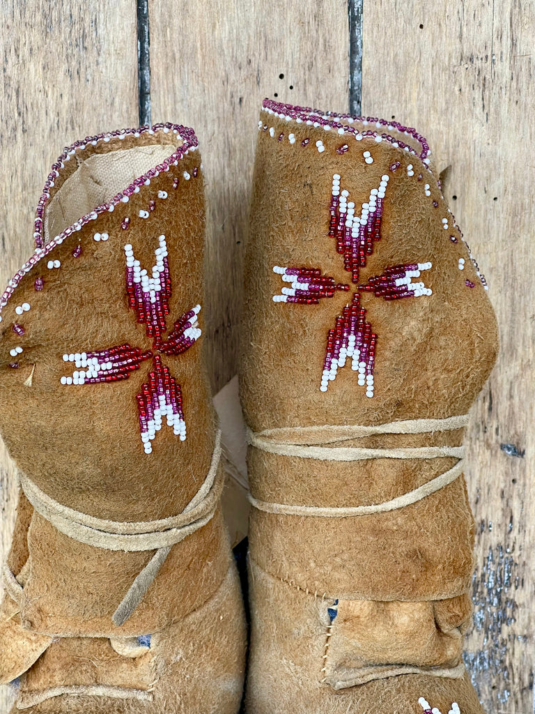 Antique Native American Cree Nation Beaded Moccasins - Smoked Brain Tanned Elk with Cloth Lining-late 1800s  (GM95)