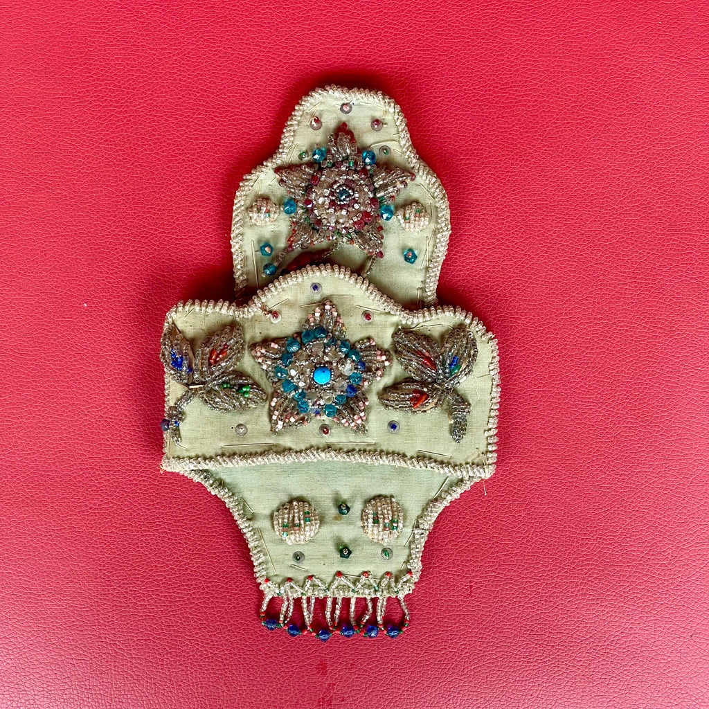 Authentic Antique Iroquois Beaded Wall Pocket - late 1800s Niagara-style Whimsy.  Thread sewn with glass beads on velvet (GM47)