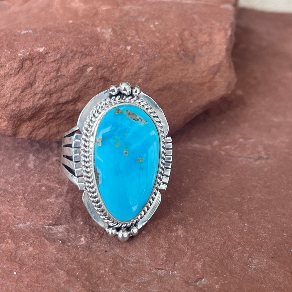 Blue turquoise Native American ring by Lucy Jake, Navajo SZ 8  (3/41)