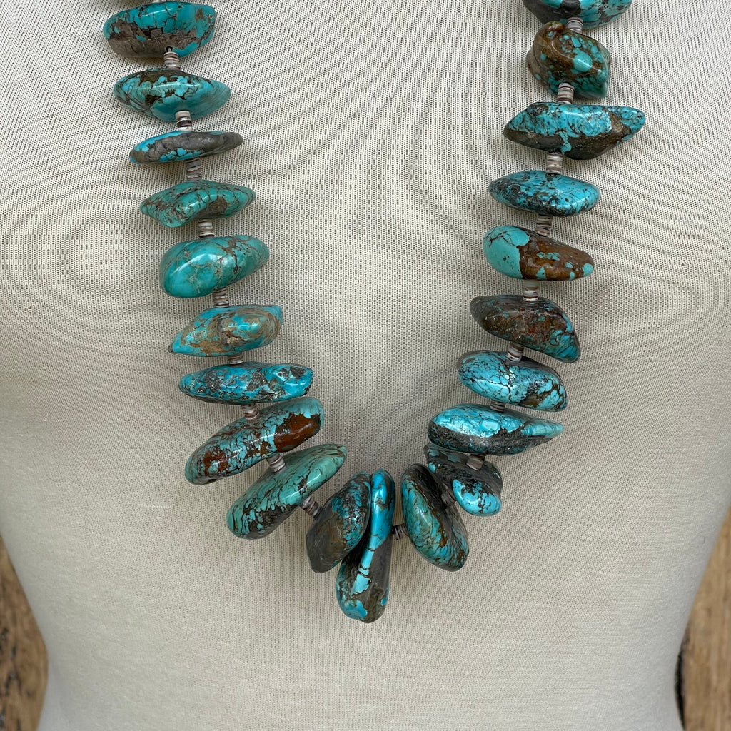 Turquoise Santo Domingo Nugget Vintage Necklace - 1970s single strand turquoise Heishe (AS81)