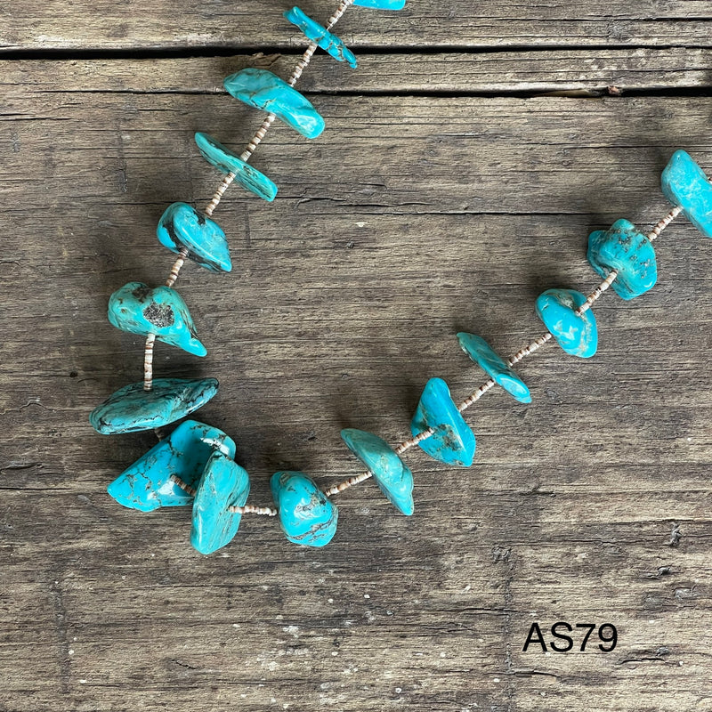 Turquoise Santo Domingo Nugget Vintage Necklace - 1970s single strand turquoise traditional wrap necklace (AS79b)