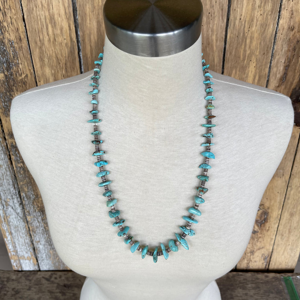 Turquoise Santo Domingo Nugget Vintage Necklace - 1970s single strand turquoise Heishe (AS78)
