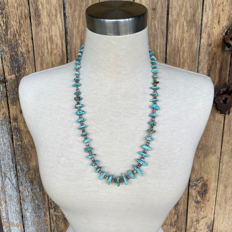 Turquoise Santo Domingo Nugget Vintage Necklace - 1970s single strand turquoise Heishe (AS78)