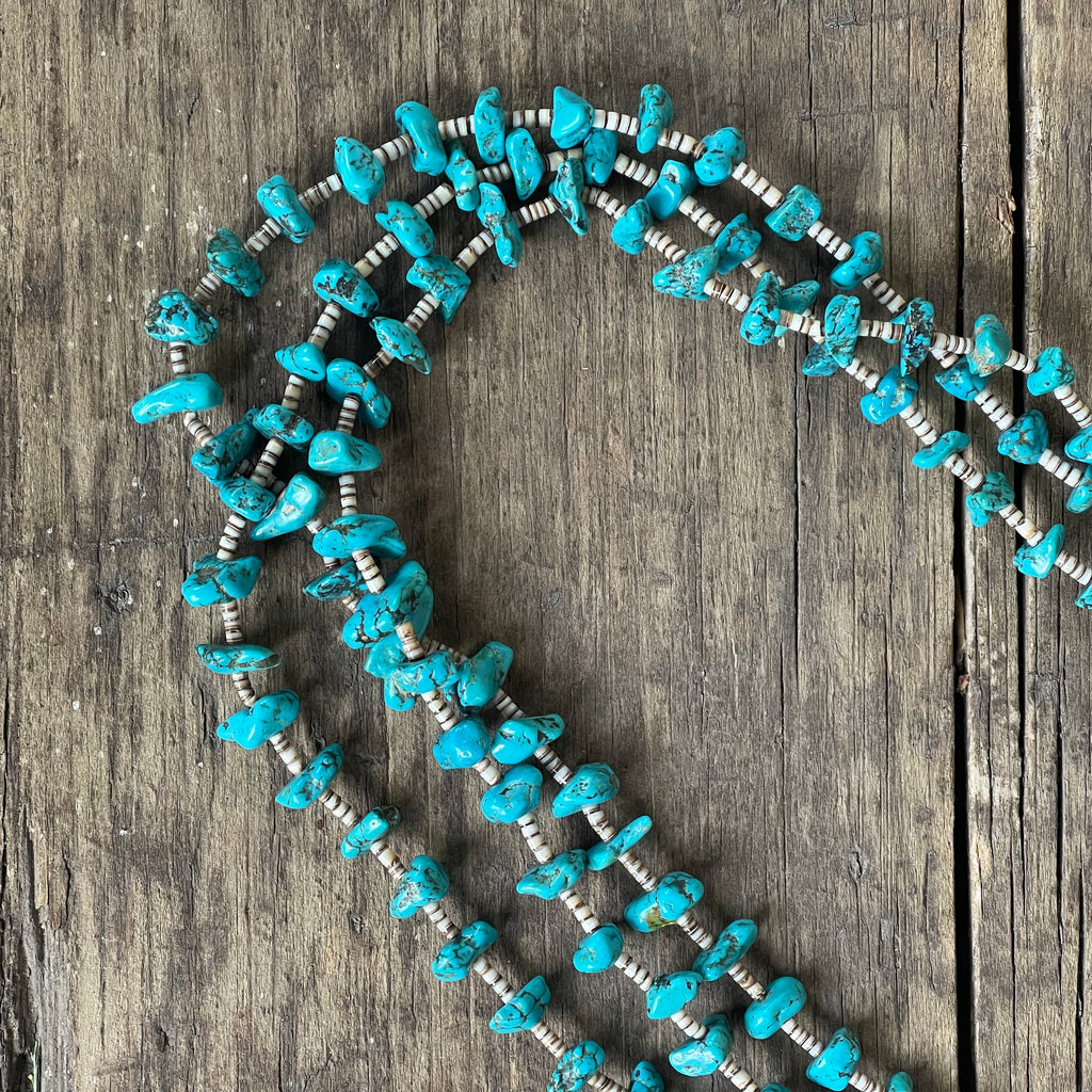 Turquoise Santo Domingo Nugget Vintage Necklace - 1970s Triple strand turquoise and shell necklace (AS83)