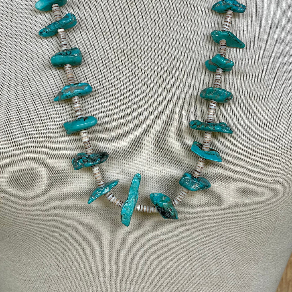 Turquoise Santo Domingo Nugget Vintage Necklace - 1970s single strand turquoise Heishe (AS73)