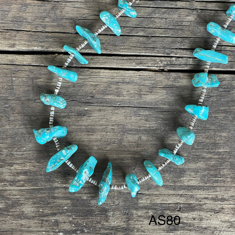 Turquoise Santo Domingo Nugget Vintage Necklace - 1970s single strand turquoise Heishe (AS80b)