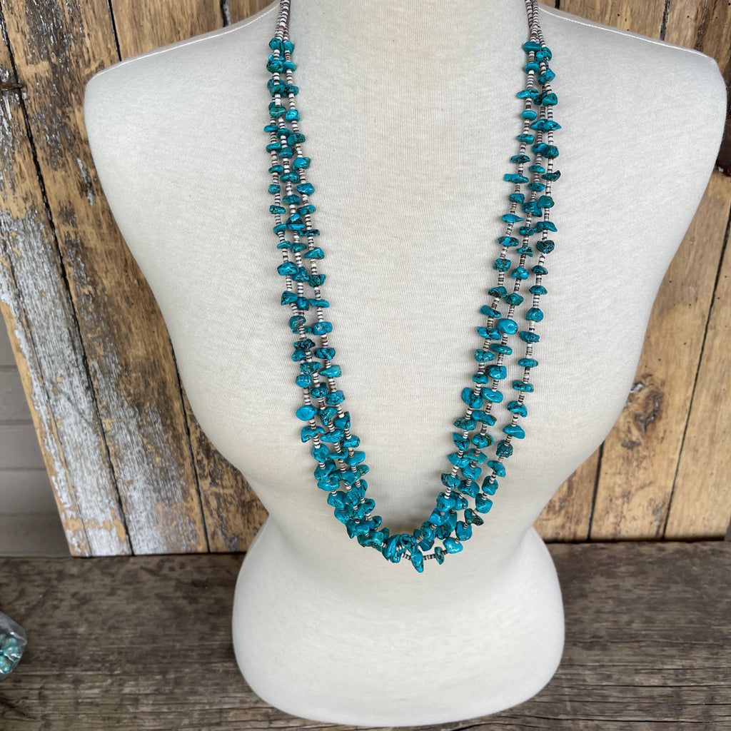 Turquoise Santo Domingo Nugget Vintage Necklace - 1970s Triple strand turquoise and shell necklace (AS83)