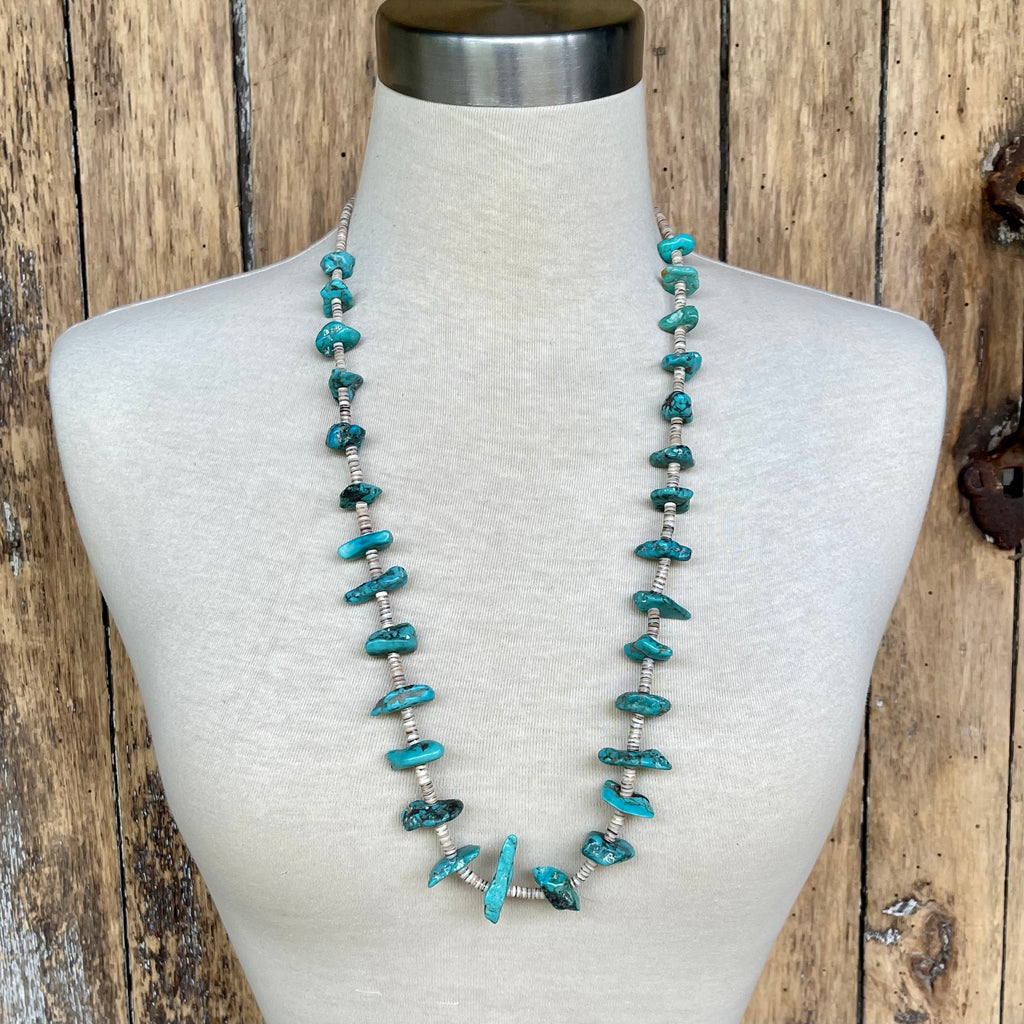 Turquoise Santo Domingo Nugget Vintage Necklace - 1970s single strand turquoise Heishe (AS73)