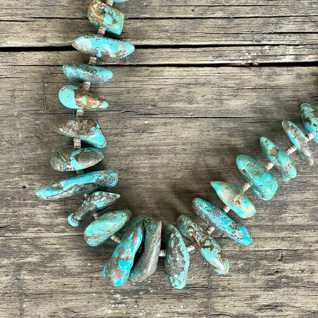 Turquoise Santo Domingo Nugget Vintage Necklace - 1970s single strand turquoise Heishe (AS81)