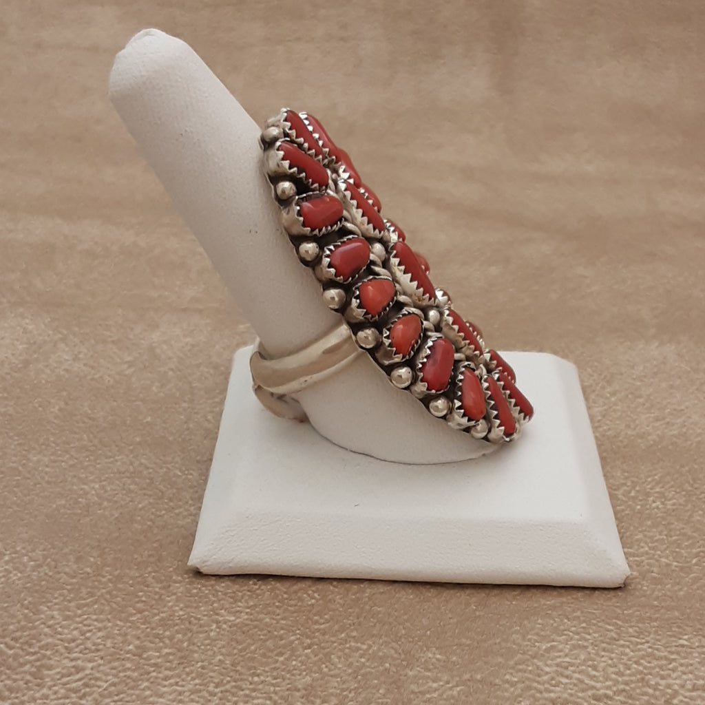 Authentic Navajo Coral cluster Ring by Justina Wilson, Genuine red coral large Navajo ring - Size 8 1/2 (9/232)