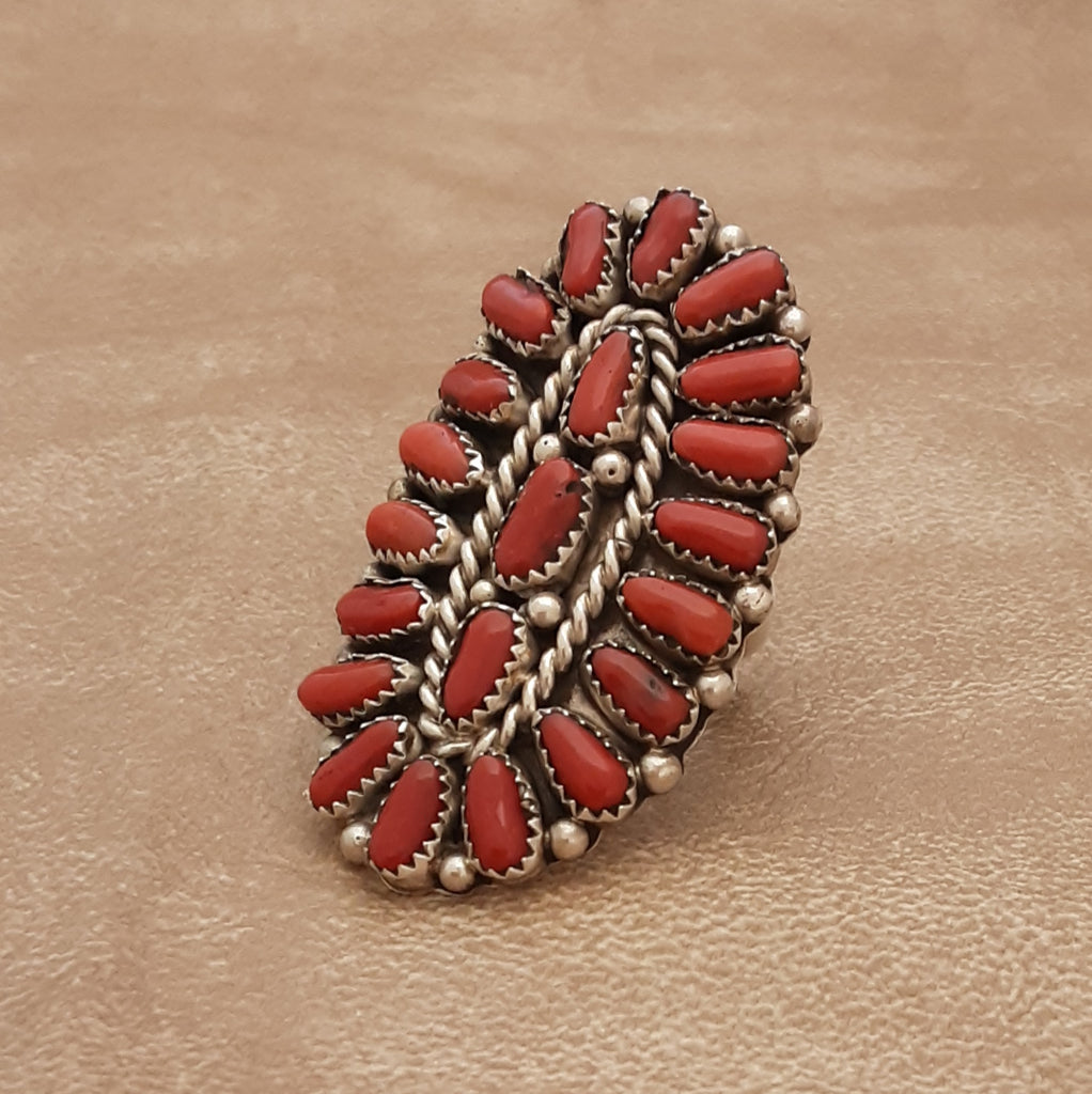 Authentic Navajo Coral cluster Ring by Justina Wilson, Genuine red coral large Navajo ring - Size 8 1/2 (9/232)