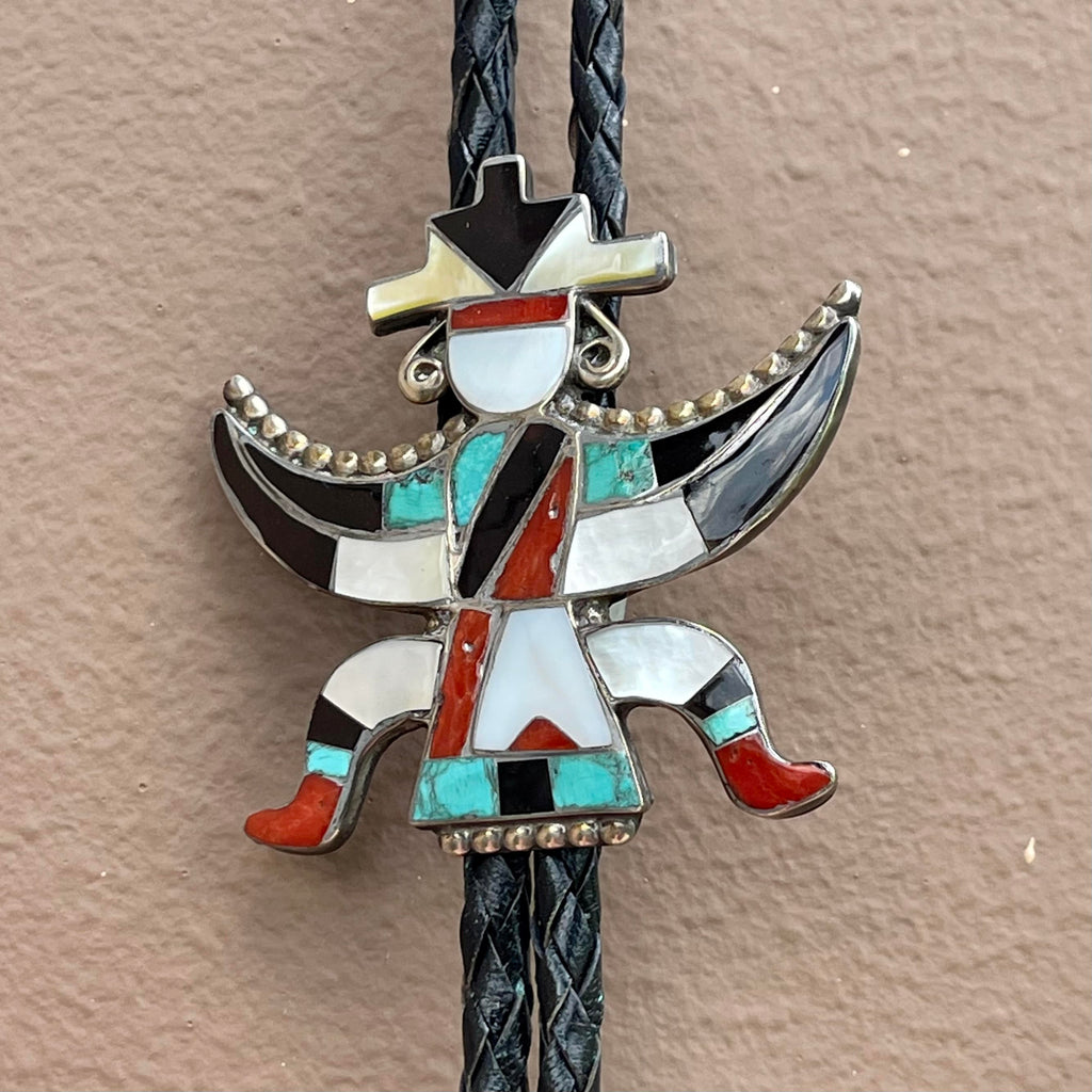 Zuni Inlay Celebration Man Bolo Tie with Turquoise, Mother of Pearl, black jet and coral, Authentic Zuni Inlay Bolo Tie (2/126)