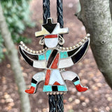 Zuni Inlay Celebration Man Bolo Tie with Turquoise, Mother of Pearl, black jet and coral, Authentic Zuni Inlay Bolo Tie (2/126)