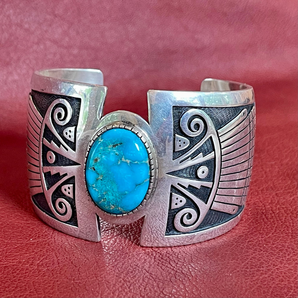 Marcus Coochwikvia, Hopi overlay bracelet with turquoise, Authentic Hopi overlay bracelet with natural blue turquoise (JD31)