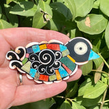 Mary Tafoya, Kewa (Santo Domingo) Pueblo Turquoise and shell mosaic bird pin pendant (2/131)