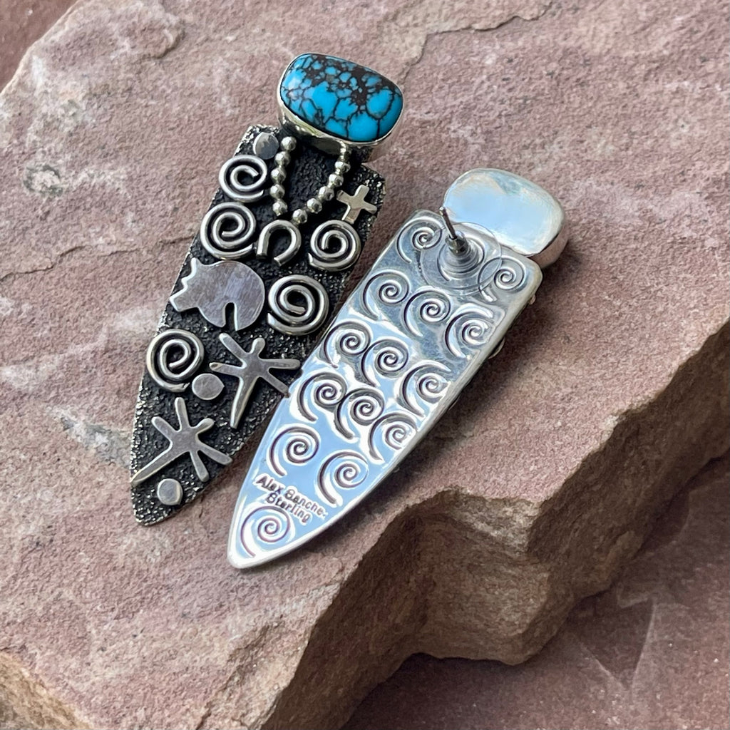Alex Sanchez Grandmother Earrings with Egyptian Turquoise & Tribal Symbols, Alex Sanchez, Navajo/Zuni Petroglyph turquoise jewelry 2/144