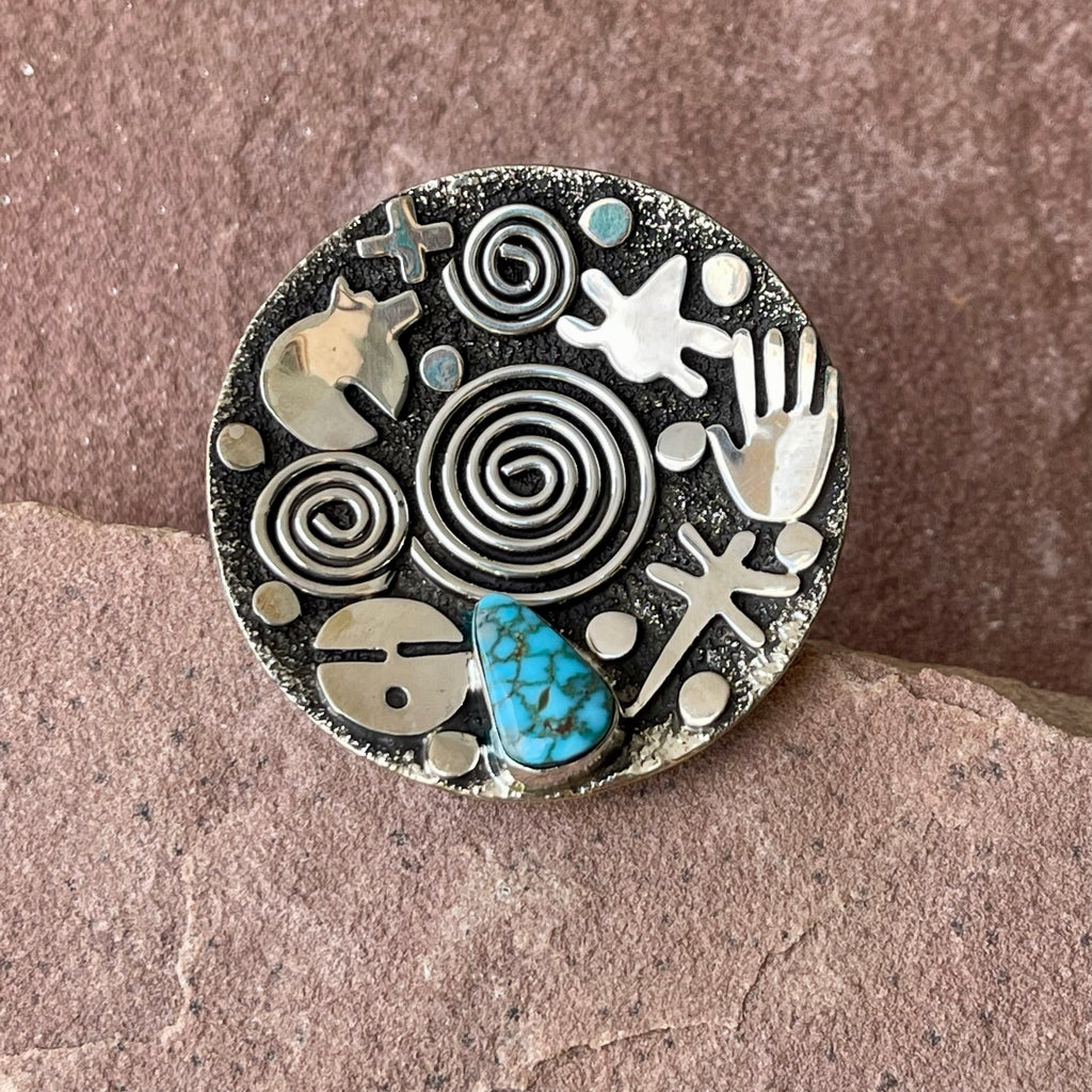 Alex Sanchez, Navajo/Zuni Ring with Kingman Turquoise & Tribal Symbols, Petroglyph turquoise jewelry Ring Size 10 (2/145)