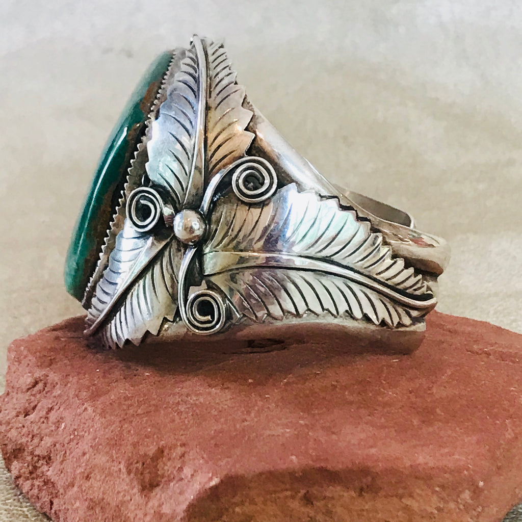 Genuine Native American Navajo Turquoise bracelet with handmade leaf and scroll  JK113