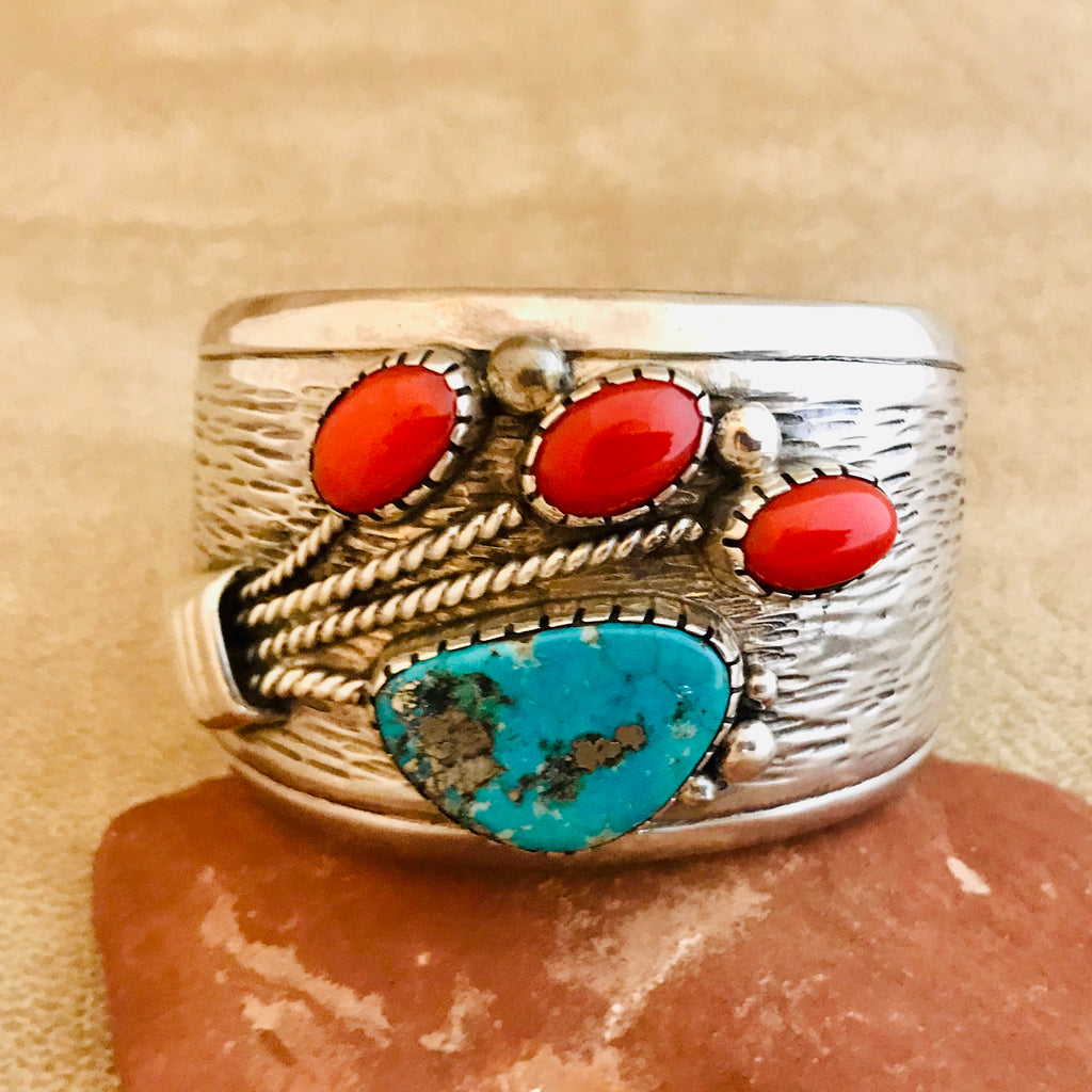 Vintage Genuine Navajo Cuff bracelet with blue turquoise and red coral signed with initials TL, JK104