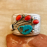 Vintage Genuine Navajo Cuff bracelet with blue turquoise and red coral signed with initials TL, JK104