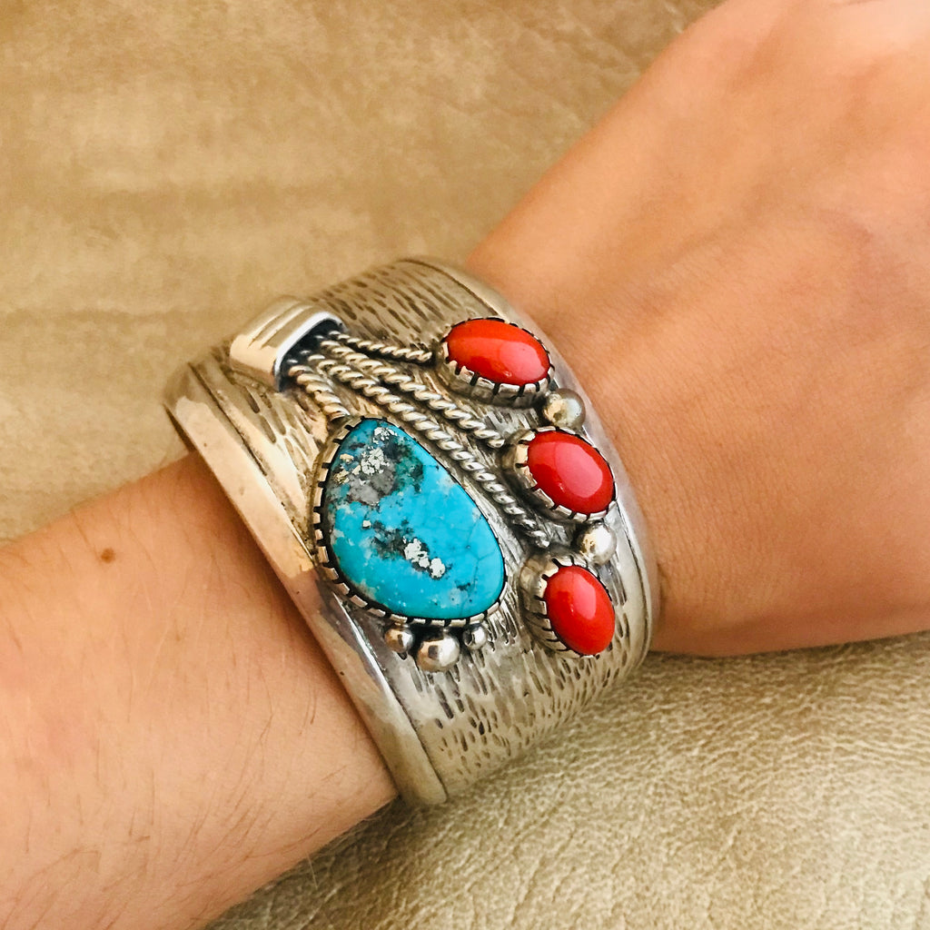 Vintage Genuine Navajo Cuff bracelet with blue turquoise and red