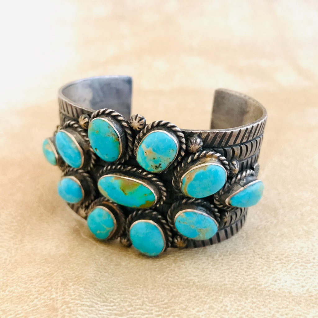 Vintage Genuine Native American Navajo Turquoise Cluster Bracelet signed by the artist BY       KD97