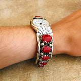 Alvina Quam, Zuni Mediterranean coral and sterling silver watch bracelet, Woman's Coral Watch Bracelet   JK506