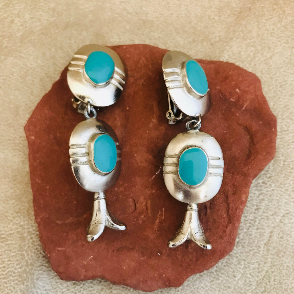 Navajo CLIP ON Turquoise Concho style Dangle Earrings  (MC3)