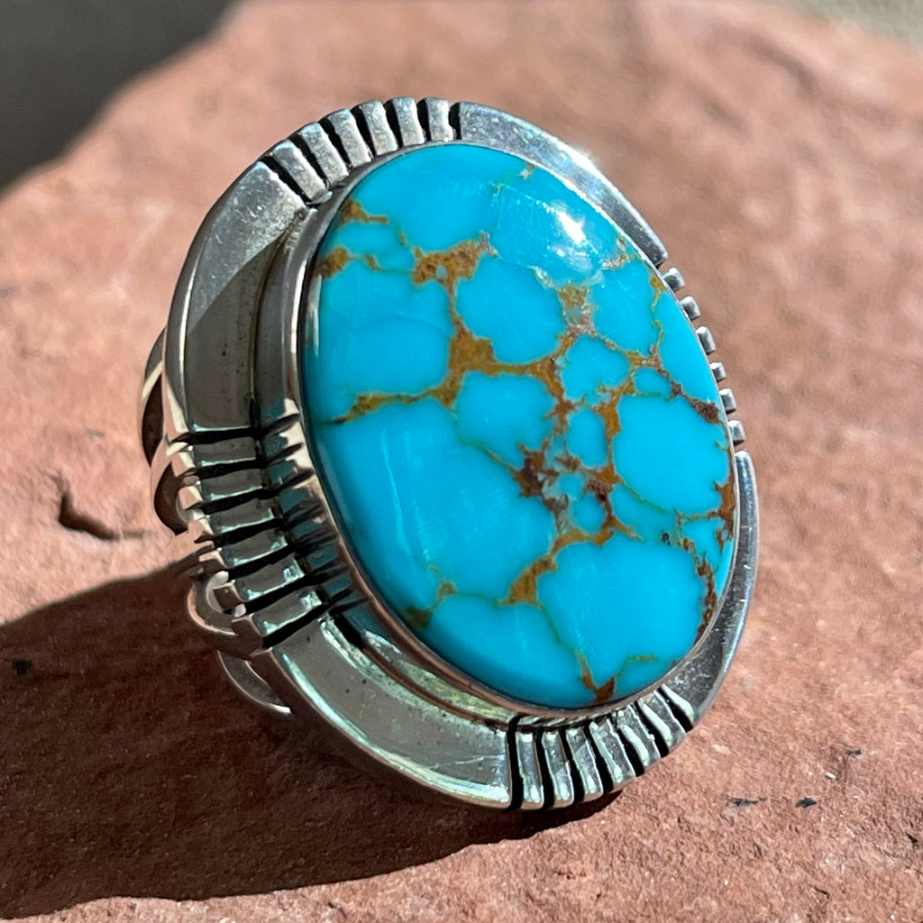 Genuine Native American Turquoise Ring with hand filed silver - signed by artist     9/421