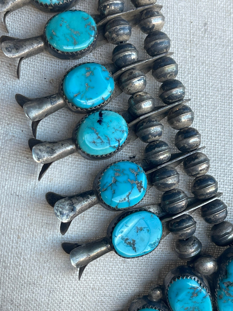 Genuine Vintage Navajo Squash Blossom Necklace with old Natural Kingman Turquoise Circa 1970   (RK254)