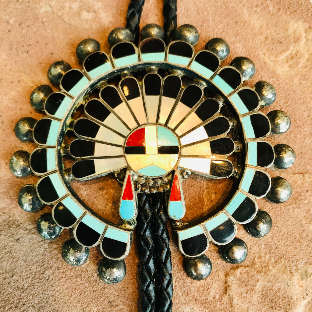 Vintage Zuni Inlay Sunface Headdress Bolo Tie with matching tip
