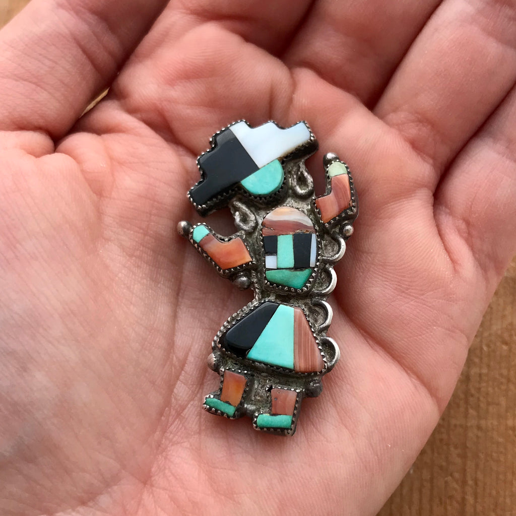 Vintage Zuni Celebration Man Design Pin made with Turquoise, Spiney Oyster shell and Mother of Pearl (DC44)