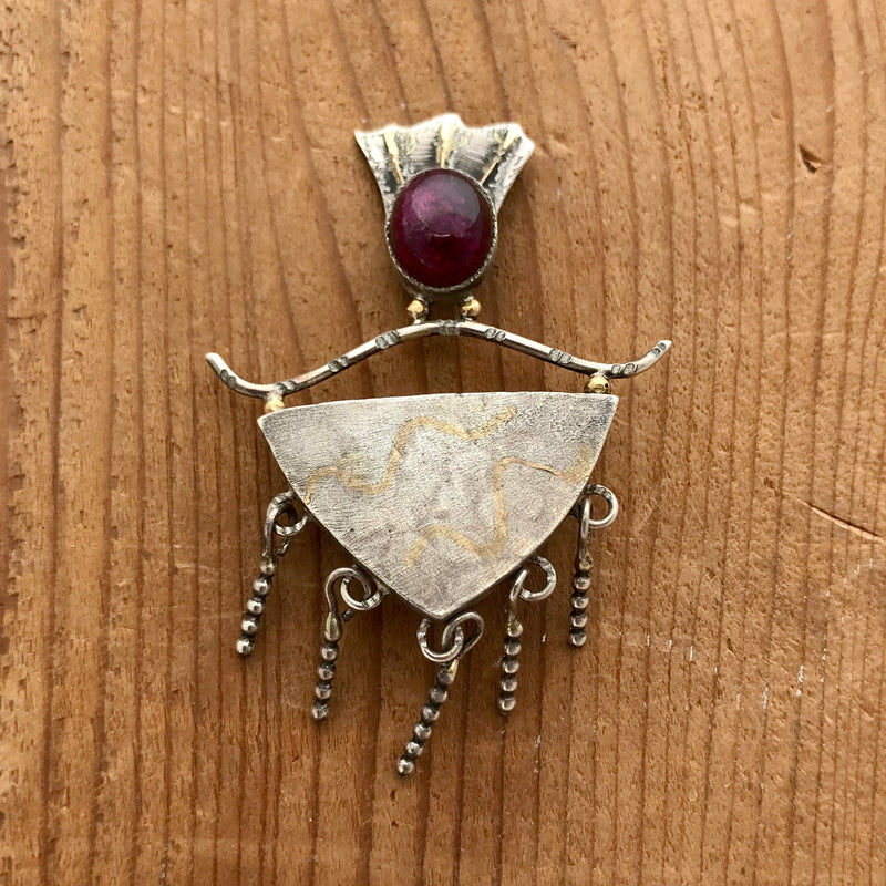 Vintage Native American Pin By Shawn Bluejacket made with Carnelian, Sterling Silver and 18k Gold