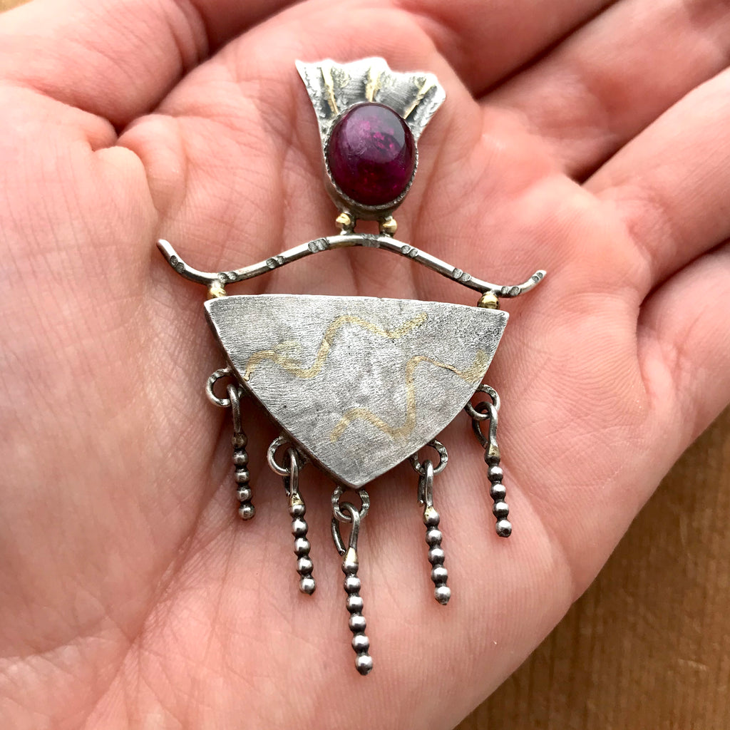 Vintage Native American Pin By Shawn Bluejacket made with Carnelian, Sterling Silver and 18k Gold