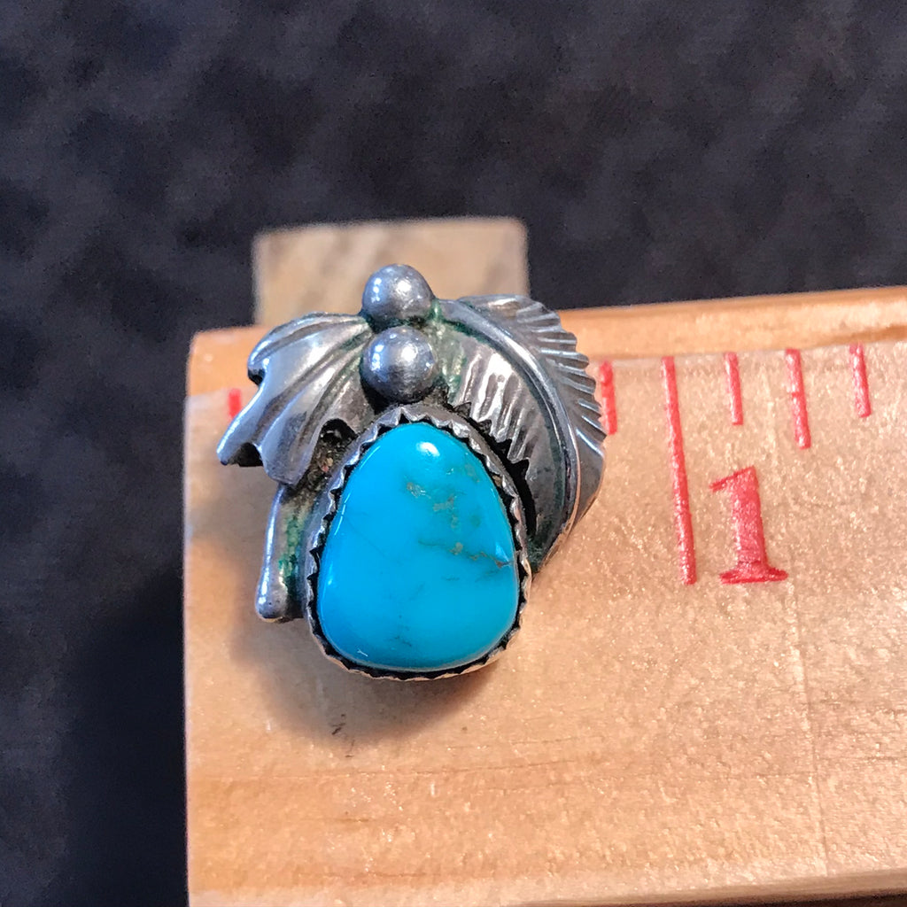 Navajo Traditional Leaf Pattern Turquoise and Silver Post Earrings, Vintage turquoise post earrings signed JJM (LC57)