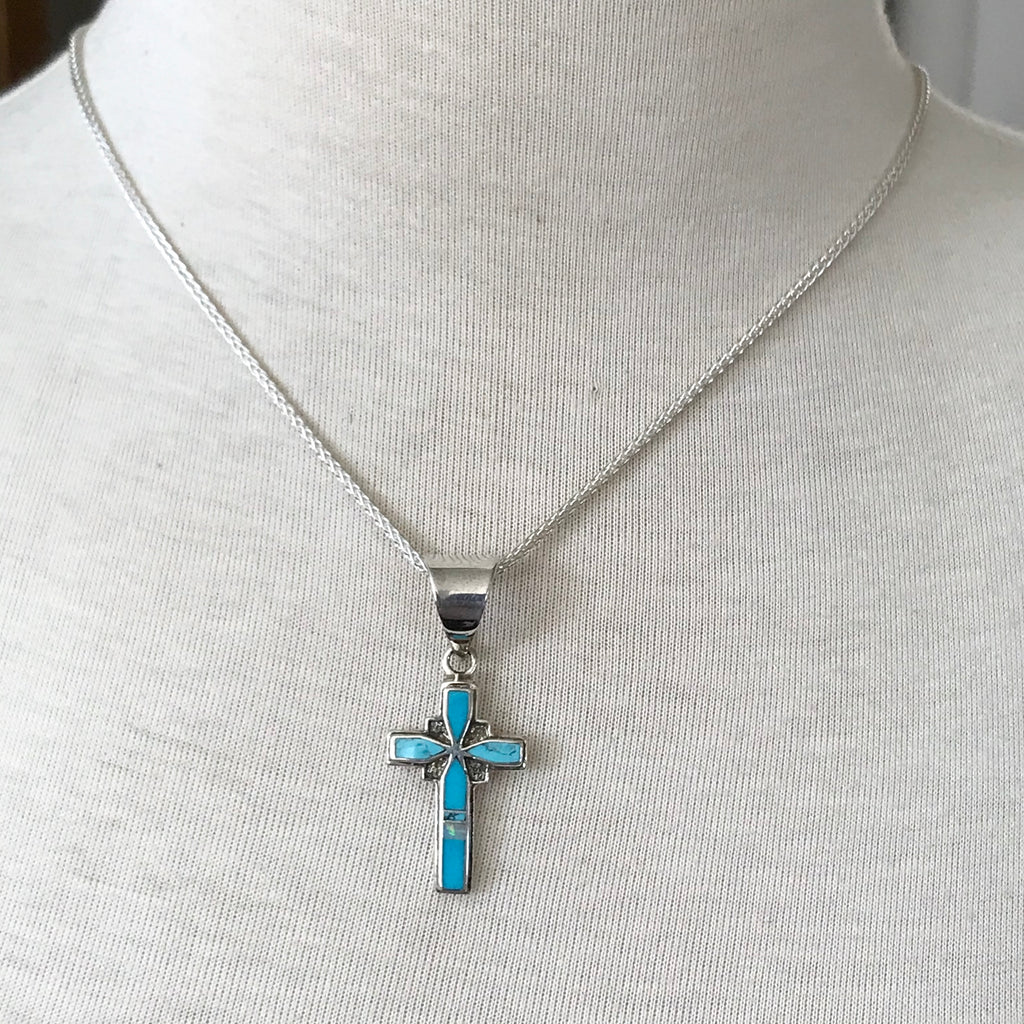 Ray Tracey, Navajo Turquoise Inlay Cross with Opal, Blue Turquoise Navajo jewelry Cross  (RK117)