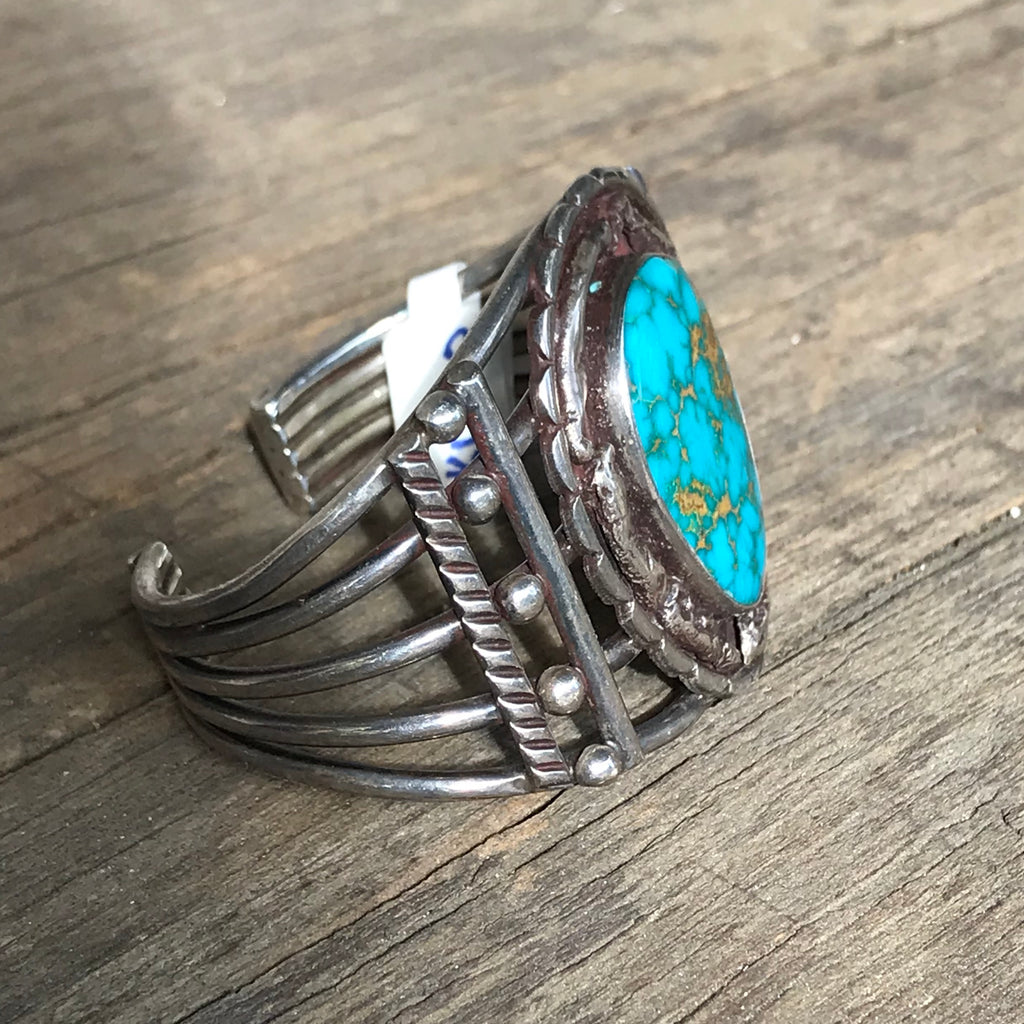 Vintage Navajo Bracelet with Blue Kingman Turquoise - signed KD100