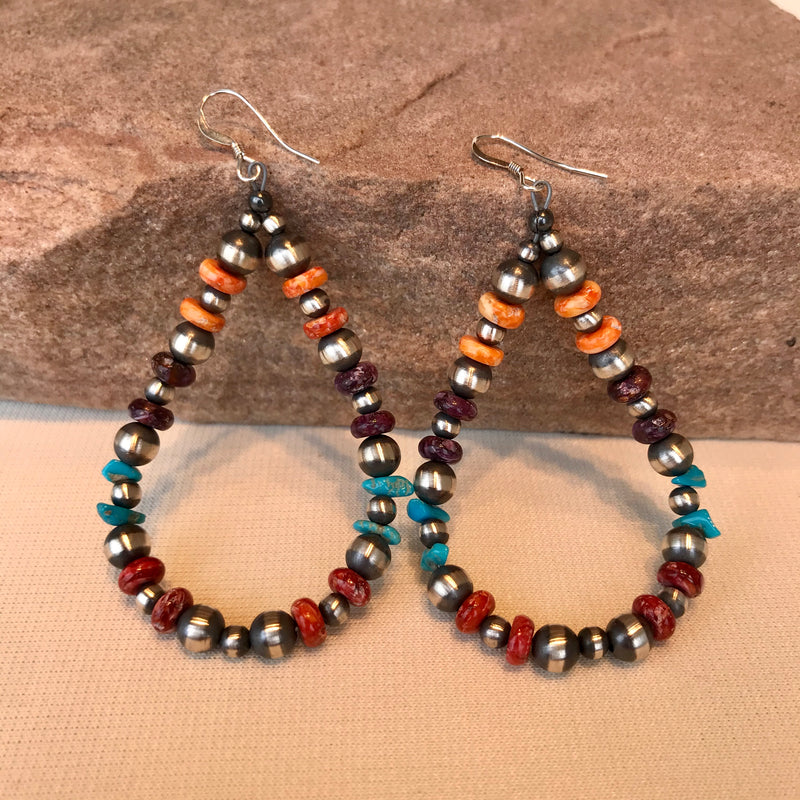 Beaded Earrings with Spiny Oyster Shell, Turquoise, and Silver Beads, Navajo, Genuine Handmade Native American Jewelry 2/69