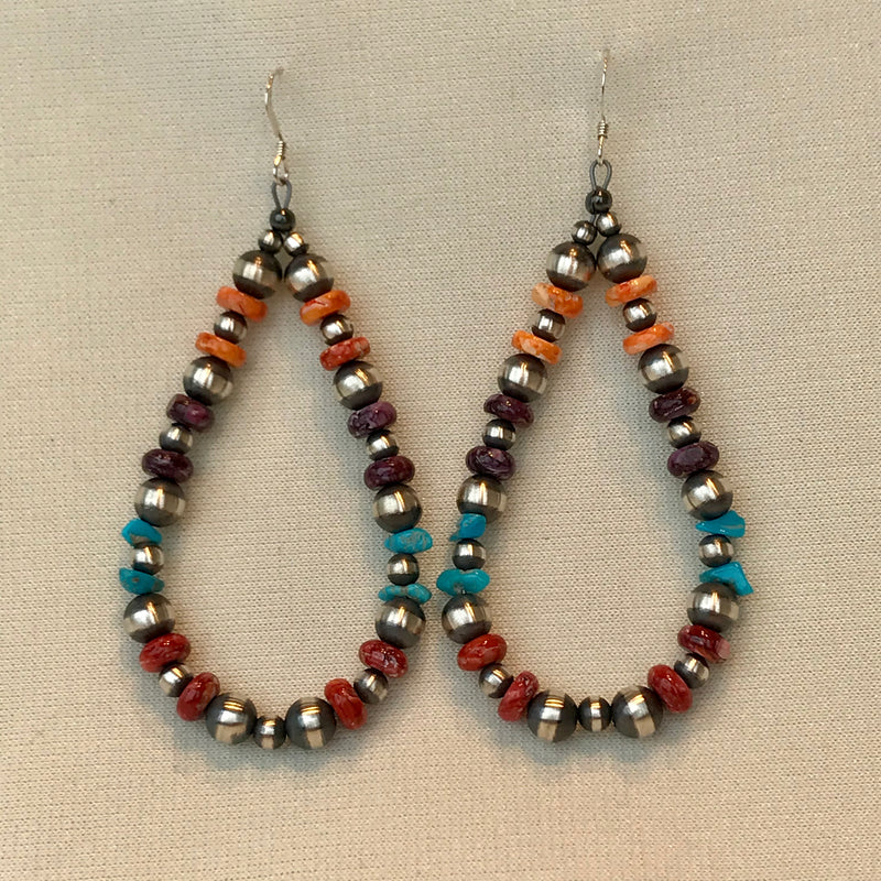 Beaded Earrings with Spiny Oyster Shell, Turquoise, and Silver Beads, Navajo, Genuine Handmade Native American Jewelry 2/69