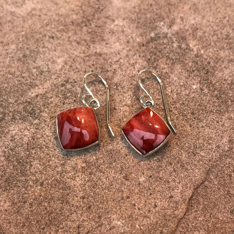 Square Silver Earrings with Spiny Oyster Shell by Cathy Webster, Navajo, Authentic Native American Jewelry 2/77