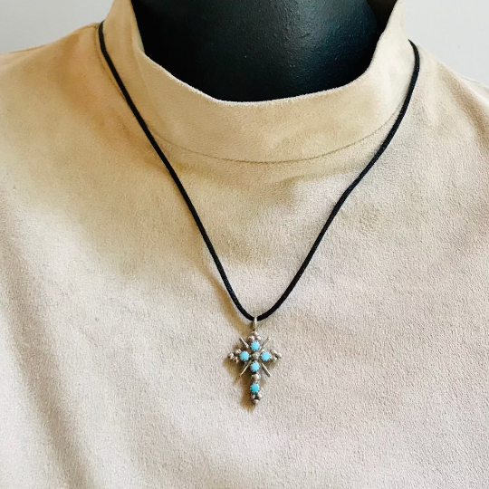 Zuni Reversible Cross Pendant with Genuine Turquoise and Coral Stones    JS33